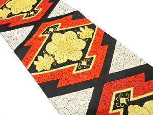 アンティーク　松皮菱に花・亀甲模様織り出し袋帯（着用可）